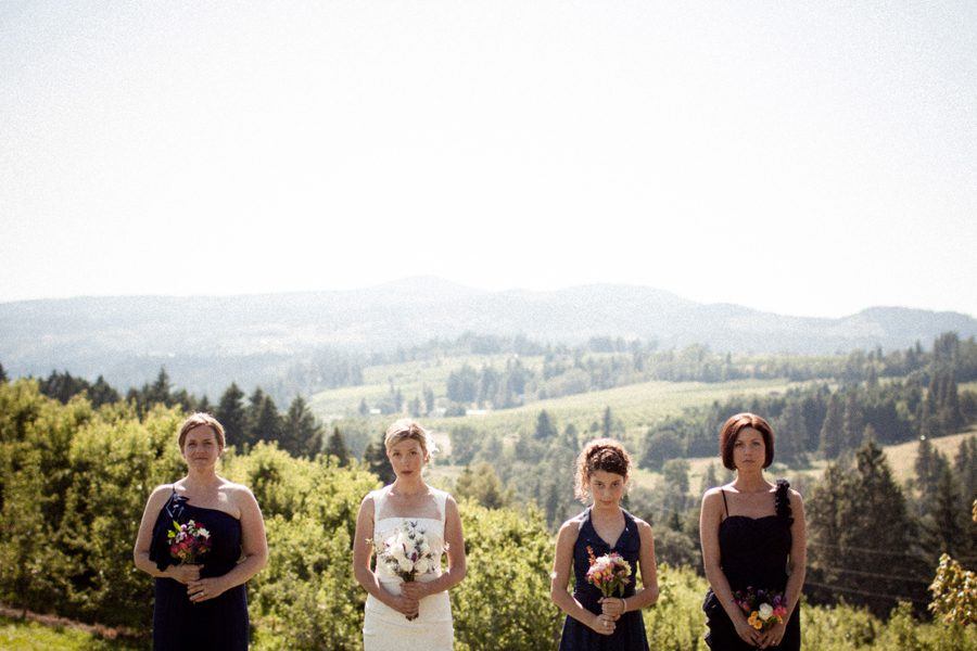 Bride with bridesmaids and mountains indie photography vintage