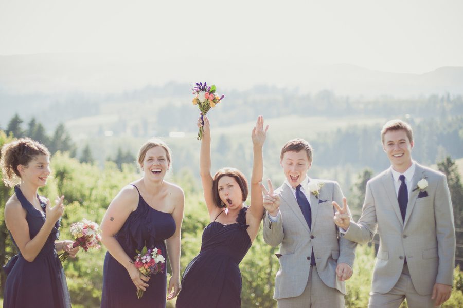 Wedding party celebrates the newlyweds in Hood River