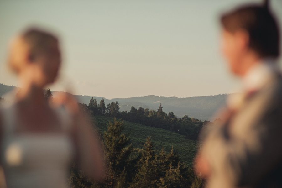Hood River wedding portrait with mountains in the background and bride and groom