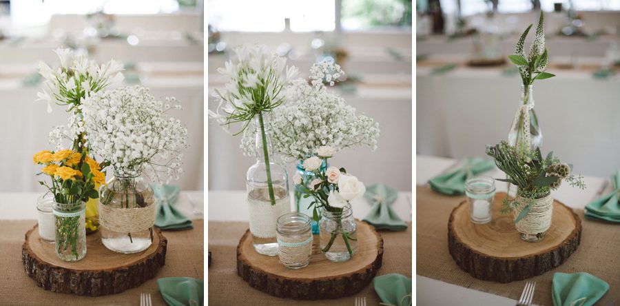 Outdoor Minnesota Northwoods wedding dinner set up DIY flowers